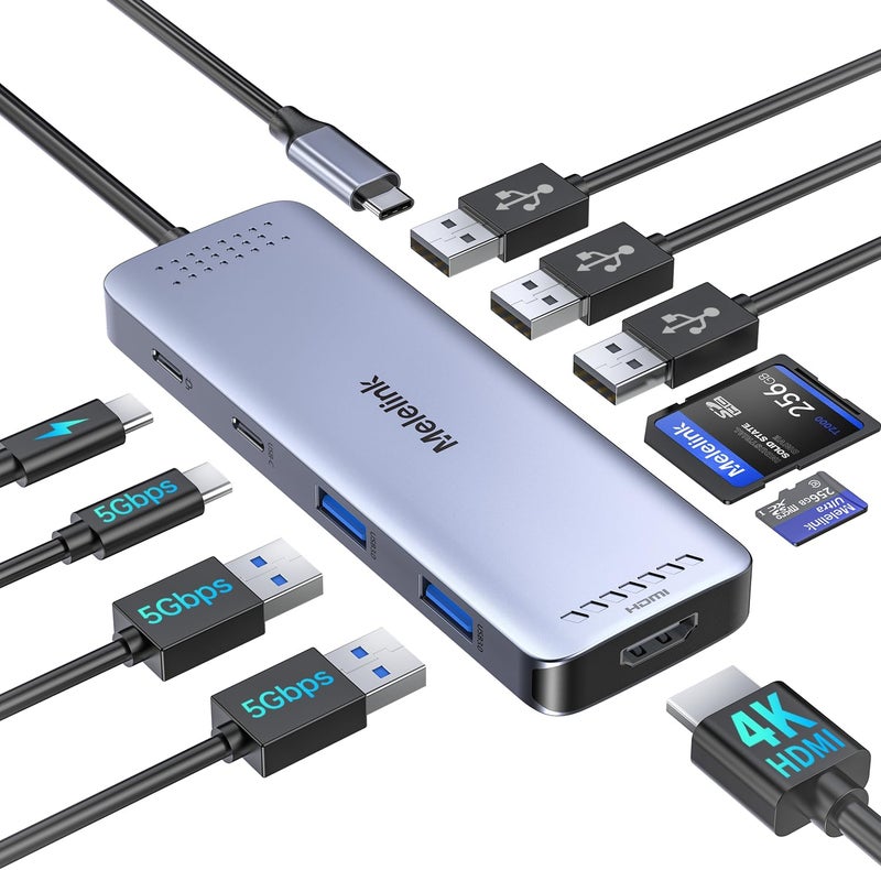 Melelink USB C Hub Multiport Adapter for MacBook Pro/Air, 10 in 1 USB C Dongle Mac HDMI Adapter, USBC Dock Compatible for iPad Pro, iMac, Dell, HP, Lenovo (4K@60Hz HDMI,SD/TF Card Reader,100W PD, 6 USB Ports) - Image 1
